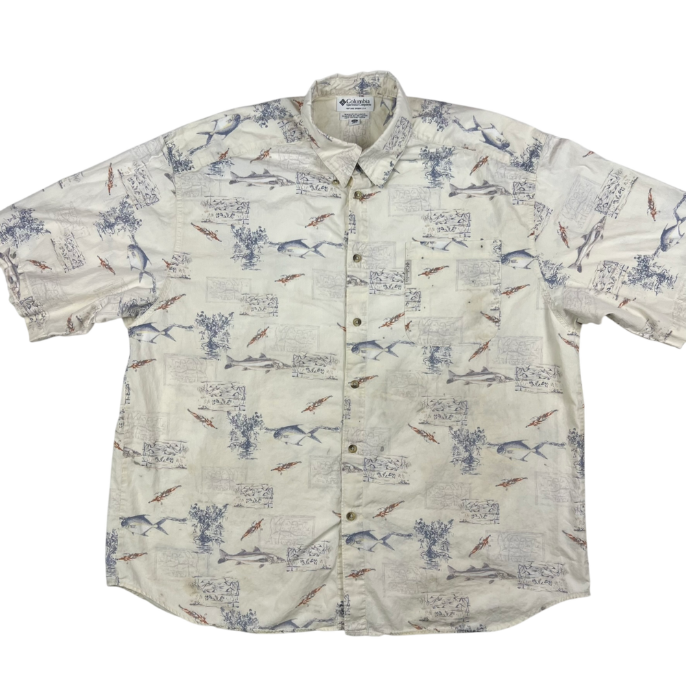 Columbia Shirt Mens XXL Fishing Print Short Sleeve Button Down Outdoor